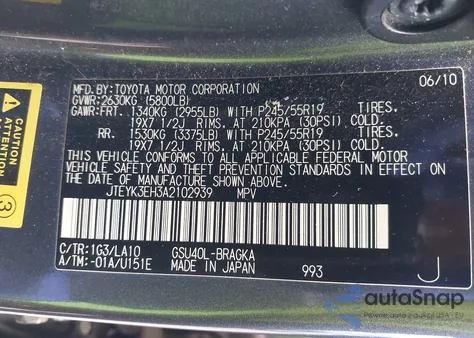 2010 Toyota Highlander Limited V6 из США, поврежденный, VIN JTEYK3EH3A2102939